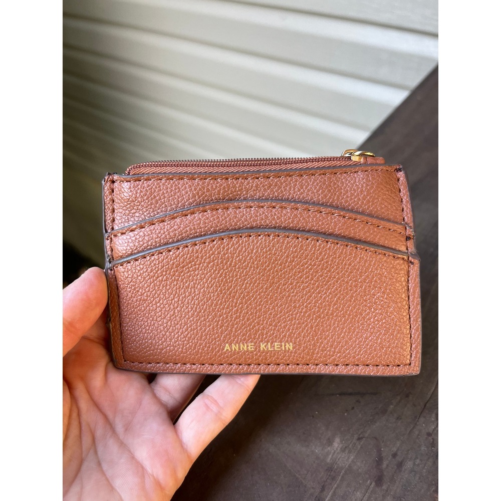 Anne Klein Cognac Brown Pebbled Zip Card Case Wallet with Keychain Clasp